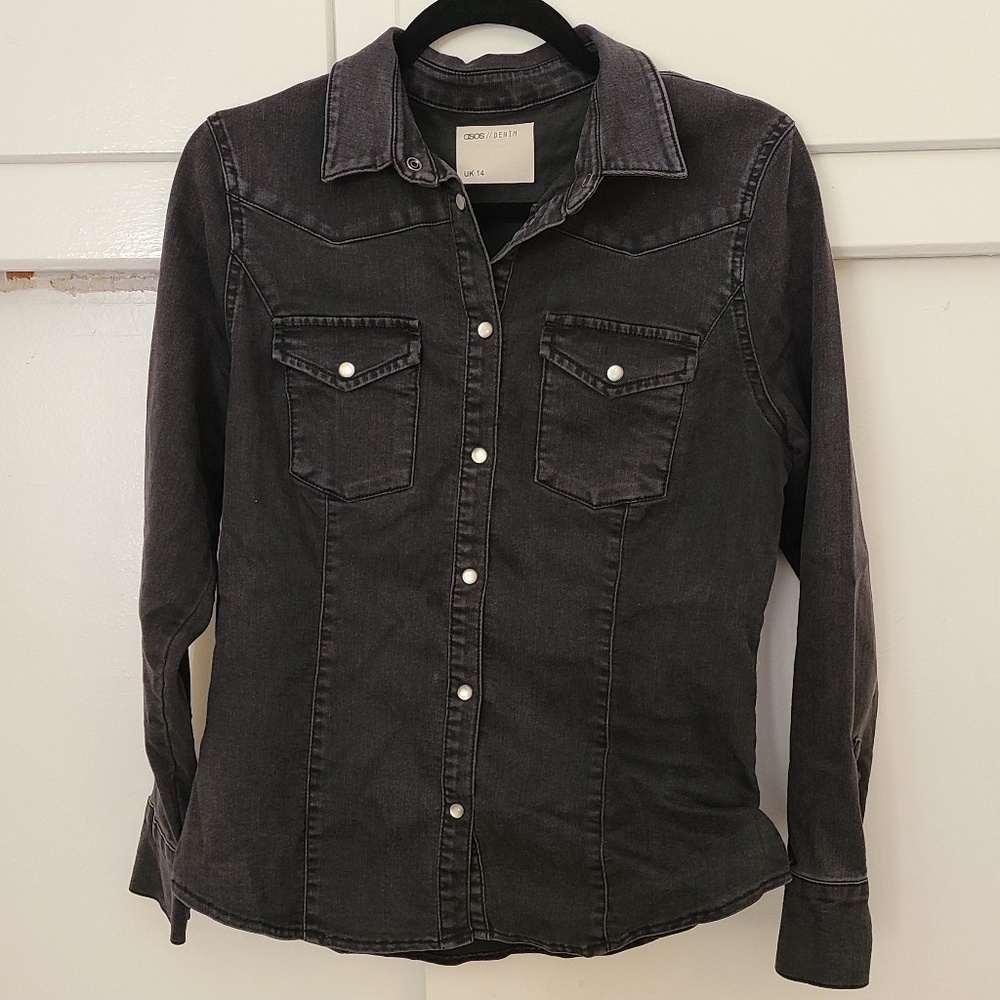 ASOS Women's Western Denim Pearl Snap Black Longe Sleeve Shirt